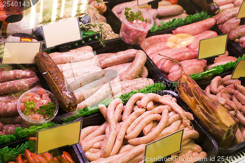 Image of Meat and sausages in a butcher shop