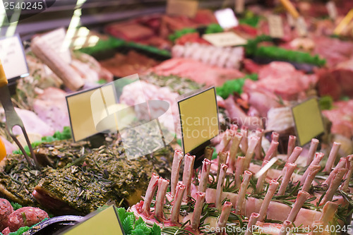 Image of Meat and sausages in a butcher shop