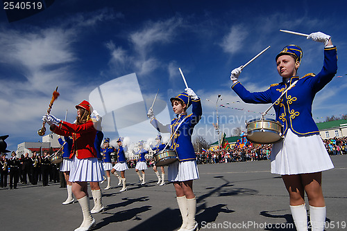 Image of PETROZAVODSK, RUSSIA ? MAY 9: drummer girls at the parade celebr