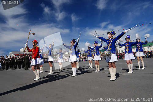 Image of PETROZAVODSK, RUSSIA ? MAY 9: drummer girls at the parade celebr