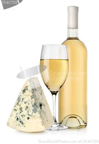 Image of Wine bottle and blue cheese