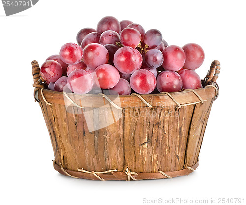 Image of Dark blue grapes in a wooden basket isolated