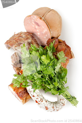 Image of Cooked meat and sausages isolated