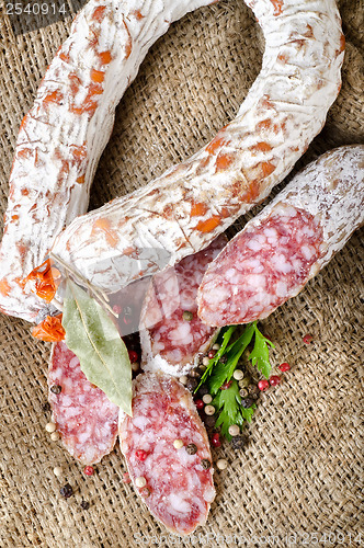 Image of Salami sausage on a canvas