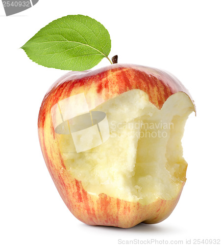 Image of Eaten red apple and leaf isolated 