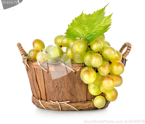 Image of Grapes in a wooden basket isolated