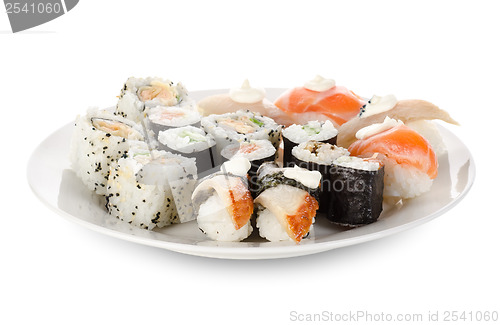 Image of Sushi and rolls in a dishes