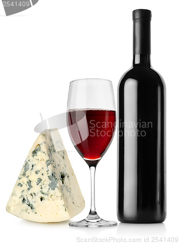 Image of Wine bottle, wineglass and cheese