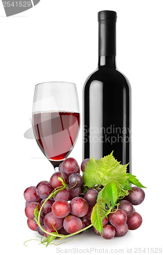 Image of Bottle of red wine, wineglass and grapes