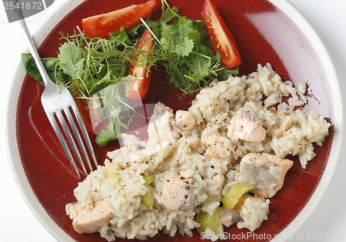 Image of Salmon risotto and salad from above