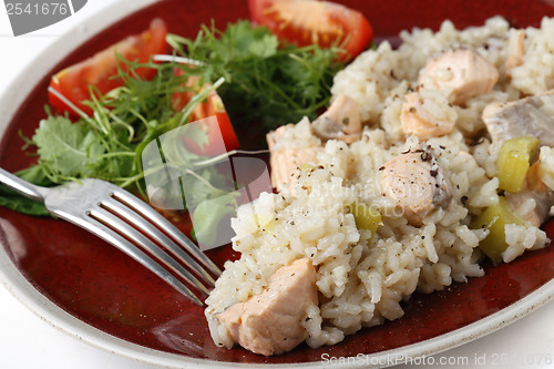 Image of Salmon risotto close up with fork