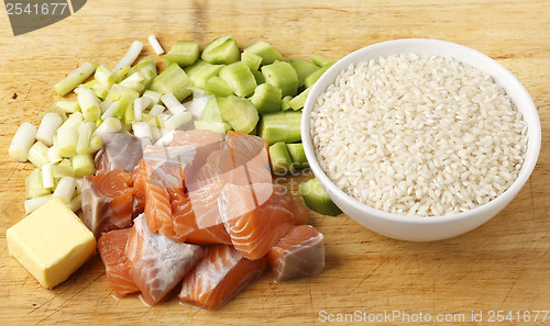 Image of Chopped salmon cucumber rice and spring onions