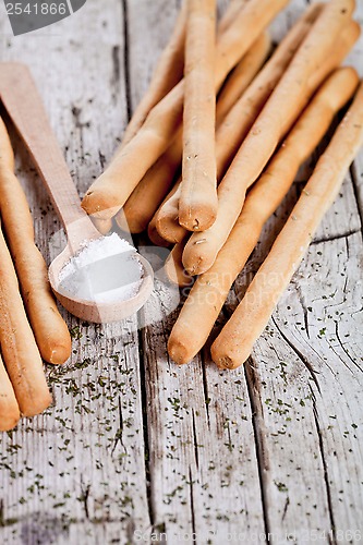 Image of bread sticks grissini with rosemary and salt 