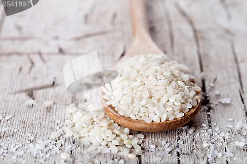 Image of raw white rice in spoon 