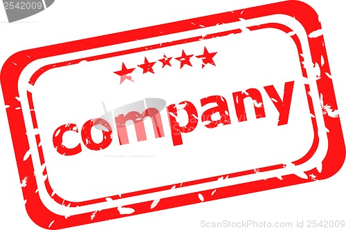 Image of company on red rubber stamp over a white background