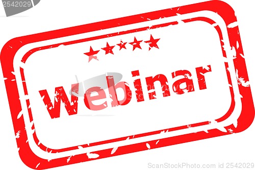 Image of webinar on red rubber stamp over a white background