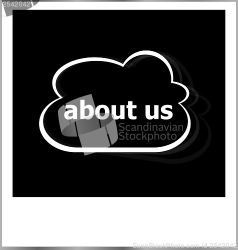 Image of about us word business concept, photo frame isolated on white