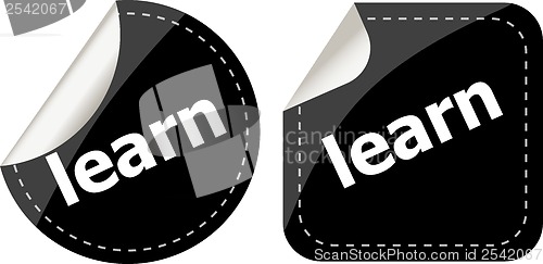 Image of learn word on black stickers button set, label