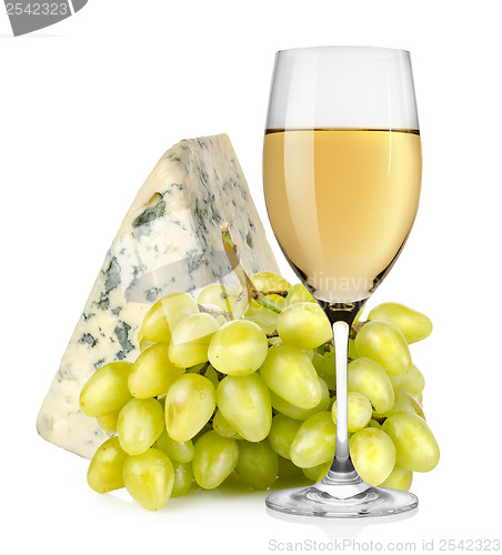 Image of Wineglass cheese and grapes isolated