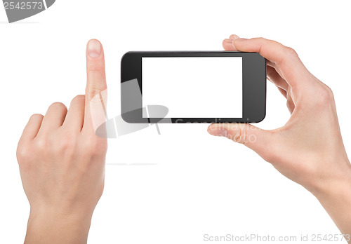 Image of Black smart phone in hand isolated