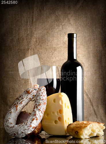 Image of Wine and bread, sausage