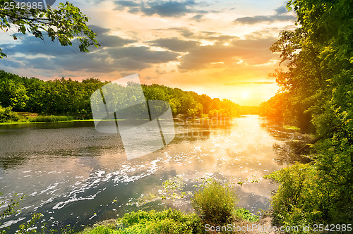 Image of Sunset over the river in the forest