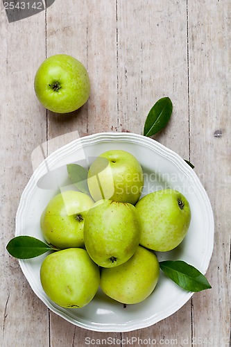 Image of fresh green apples in plate 