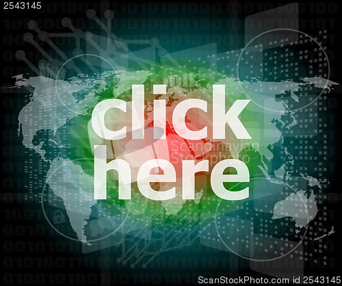 Image of click here text on digital touch screen - business concept