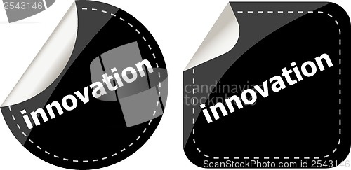Image of innovation word on black stickers button set, label