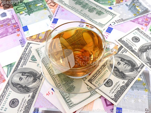 Image of tea or coffee cup on money wallpaper