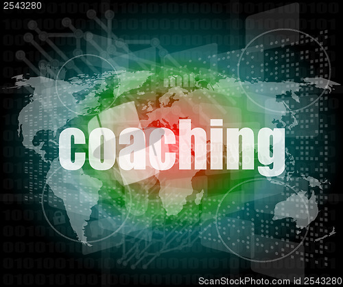 Image of coaching word on touch screen, modern virtual technology background