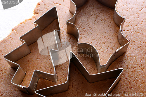 Image of Festive cookie cutters on gingerbread dough