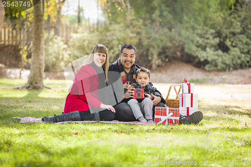 Image of Mixed Race Family Enjoying Christmas Gifts in the Park Together