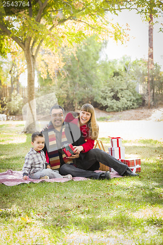 Image of Mixed Race Family Enjoying Christmas Gifts in the Park Together