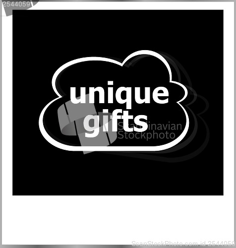 Image of unique gifts word holiday concept, photo frame isolated on white