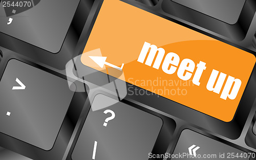 Image of Meeting (meet up) sign button on keyboard with soft focus
