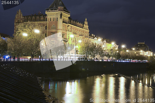 Image of editorial traffic movement historic building on Vlatava River Pr