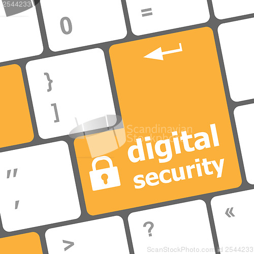 Image of Safety concept: computer keyboard with digital security icon on enter button background