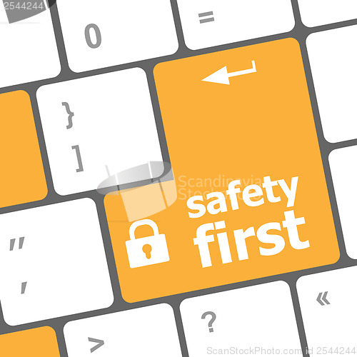 Image of safety first, close up view on conceptual keyboard, Security key