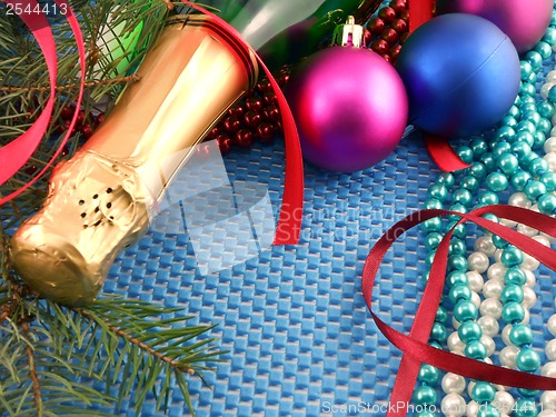 Image of Beautiful ornaments, champagne, pearl and balls as a New Year decoration