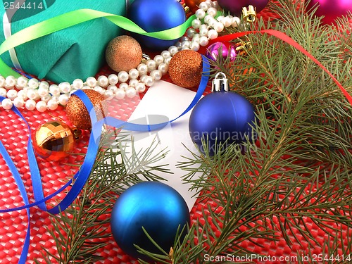 Image of Christmas decoration and balls, new year tree branch