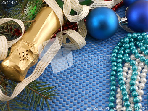 Image of Beautiful ornaments, champagne, pearl and balls as a New Year decoration