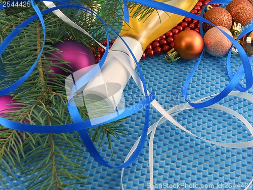Image of Beautiful ornaments, champagne and balls as a New Year decoration