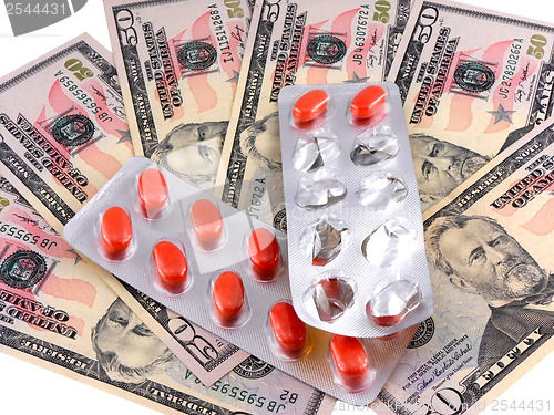 Image of medical pills on dollars bank note as symbol for high costs