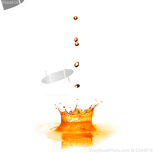 Image of drop falling into orange water with splash isolated on white