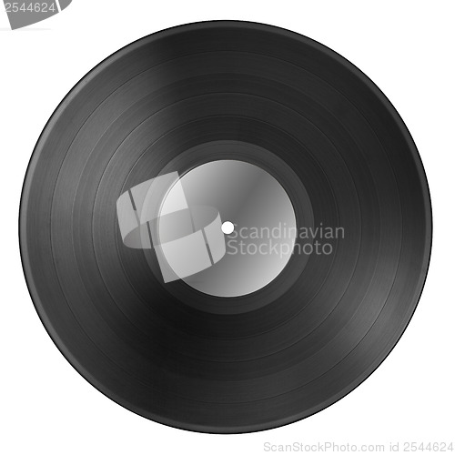 Image of Black vinyl record disc with blank label isolated on white