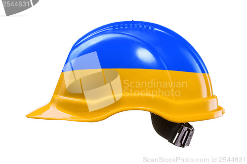 Image of Blue and yellow hard hat isolated on white. National colors of U