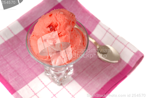 Image of Overhead view of a lass of cherry sherbert on a red and white na