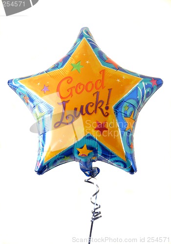 Image of A festive helium filled balloon with "Good Luck" written on it.
