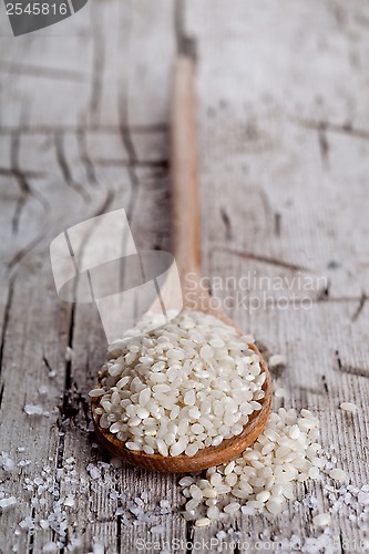 Image of raw white rice in spoon 